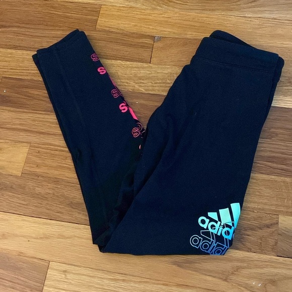 Adidas Girls Black Leggings With Colored Logos Size M - Picture 1 of 6